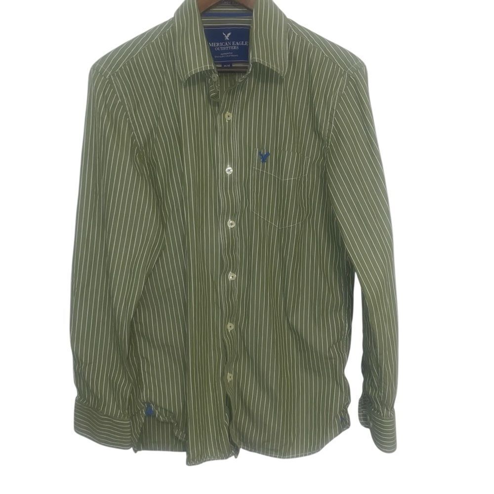 American Eagle Outfitters Green Pinstripe Button-Down Shirt